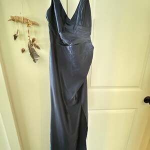 Draped Charmeuse V-Neck Tank Sheath Bridesmaid Dress with Slit in Steel Blue